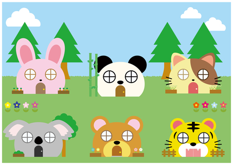 かわいい動物の家 かわいい動物の家 動物,家,おうち,うさぎ,パンダ,ネコ,コアラ,くま,トラ,住処のイラスト素材