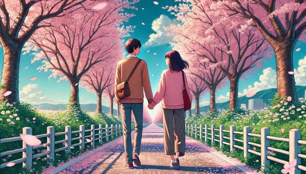 Back view of a couple walking along a row of cherry blossom trees (anime style), JPG Back view of a couple walking along a row of cherry blossom trees (anime style), cherry blossoms, cherry blossom trees, tree trees, JPG