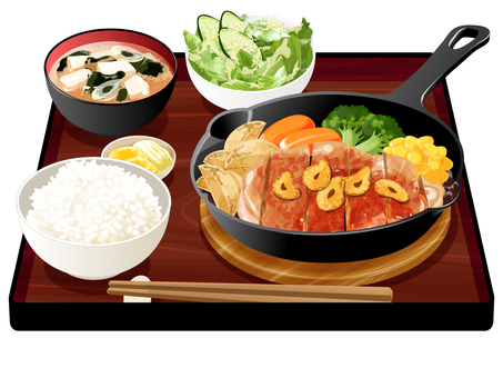 ポークステーキ定食2 ポークステーキ,ステーキ,定食,料理,食べ物,豚肉,フライドポテト,にんじん,ブロッコリー,コーンのイラスト素材