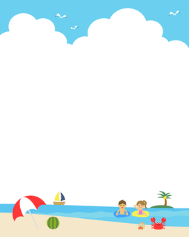 海水浴の浮き輪の子供と砂浜と海インスタ 海水浴,入道雲,フレーム,インスタ,背景,青空,海,夏休み,子供,砂浜のイラスト素材