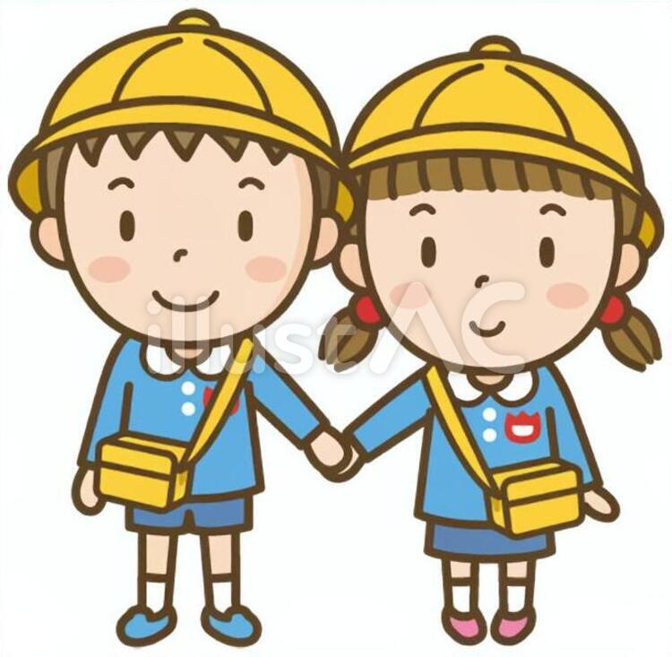 手をつなぐ幼稚園児の男の子と女の子 幼稚園,幼稚園児,手をつなぐのイラスト素材