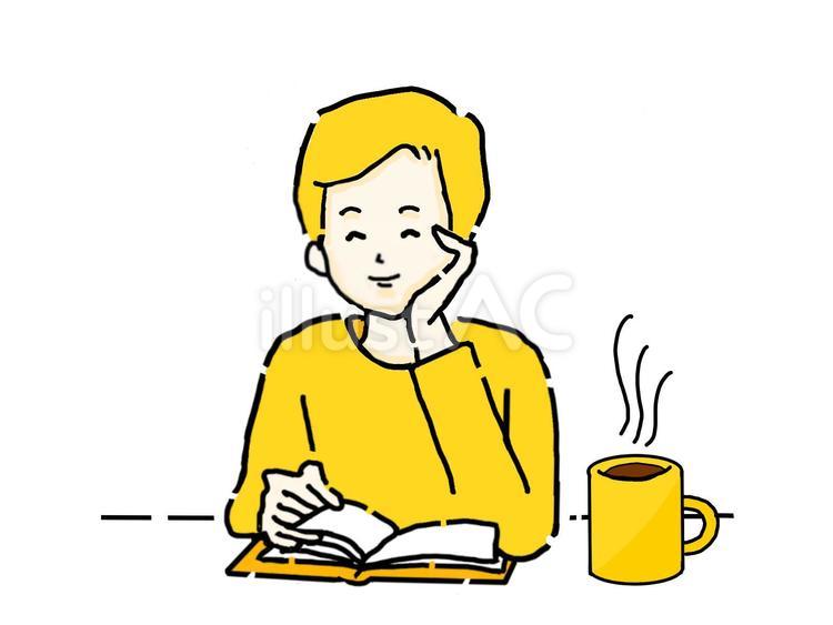 飲み物を飲みながら笑顔で読書を行う男性 笑顔,人物,黄色のイラスト素材