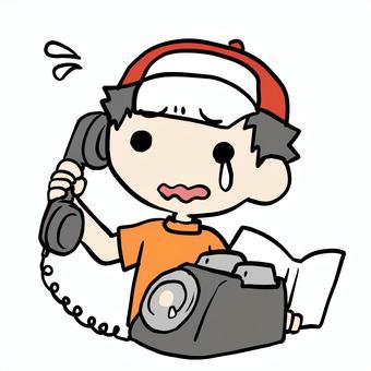 泣いて黒電話をかける少年 小学生,泣く,黒電話,通話,話,家電,困る,戸惑う,焦る,かけるのイラスト素材
