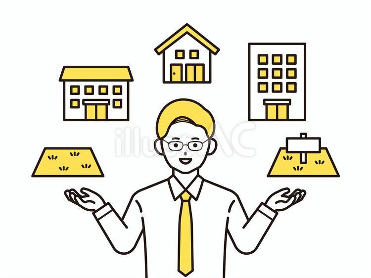 不動産を紹介する事務員の男性（黄色） 不動産,案内,マンションのイラスト素材