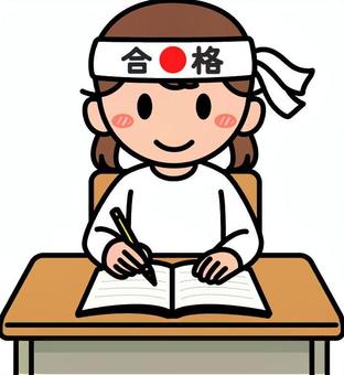 白の女の子の受験生です。 子供,受験生,シンプル,勉強,机,ノート,問題集,小学生,緊張,鉢巻のイラスト素材