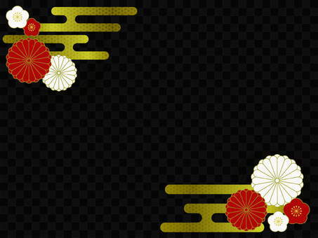 梅と菊の花の和柄背景（ブラック背景） 市松模様,格子,年賀状,和風,黒,金,梅,菊,ゴールド,霞文様のイラスト素材