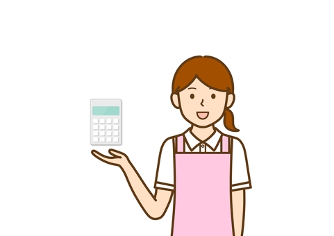 電卓とエプロン姿のヘルパー・訪問介護員 電卓,エプロン,女性,ヘルパー,訪問介護員,訪問介護,生活援助,身体介護,見積もり,利用料のイラスト素材