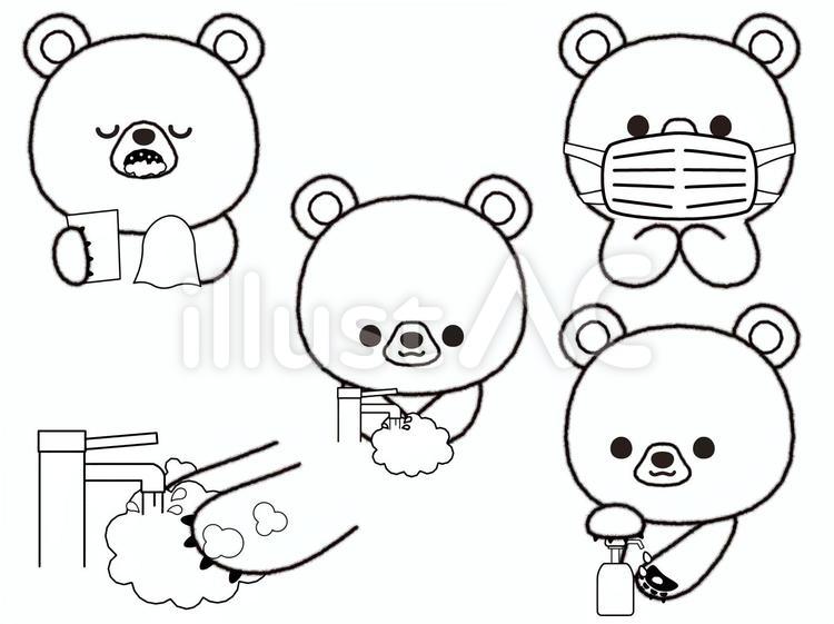 うがいや手洗いをするくま白黒 くま,うがい,手洗いのイラスト素材