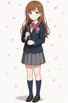 卒業式の女子学生 女子学生,制服,卒業式,ブレザー,リボン,桜,花飾り,卒業証書,笑顔,全身のイラスト素材