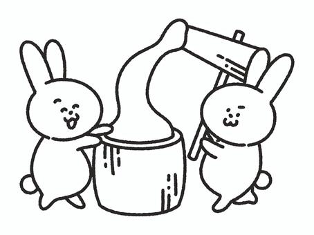 お餅つきをするうさぎ＿線画 餅つき,うさぎ,杵,臼,お月見,秋,餅,十五夜,風物詩,行事のイラスト素材