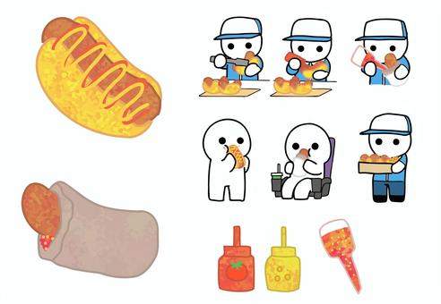 ホットドッグセット オリキャラ,食べ物,昼食,ホットドッグ,ソーセージ,ウインナー,映画,掴む,かける,売るのイラスト素材
