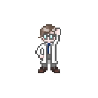ドット絵のやる気な白衣を着た男性 ドット絵,ピクセル,手,片手,挙手,返事,はい,やる気,ガッツポーズ,熱血のイラスト素材