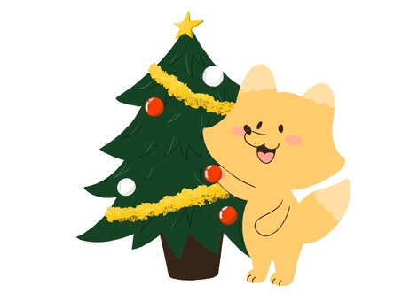 クリスマスツリーを飾り付けするキツネさん クリスマス,クリスマスツリー,飾り付け,オーナメント,モール,木,キツネ,動物,緑,赤のイラスト素材