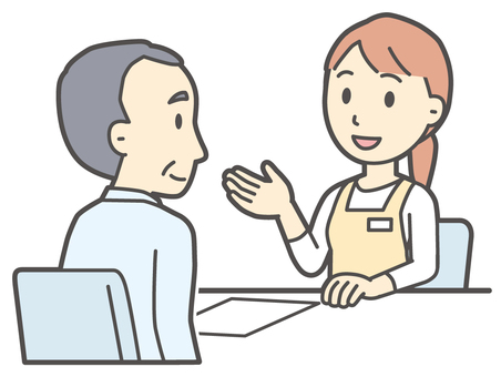  相談-017-全身 相談,エプロン,女性,老人,説明,話す,エプロン女性,介護,ヘルパー,家政婦のイラスト素材