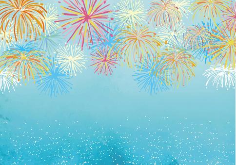 水彩の花火 夏,夏休み,背景,水彩,花火,夜空,花火大会,打ち上げ花火,スターマイン,火花のイラスト素材