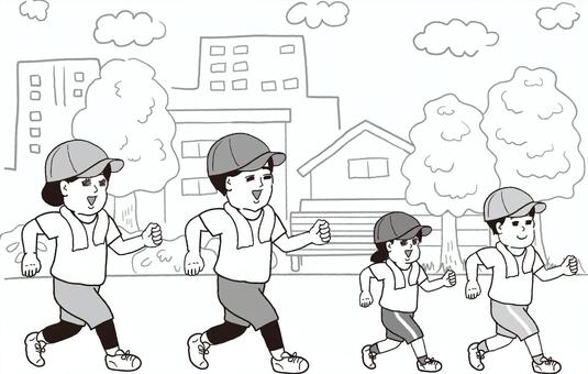 モノクロー半袖でウォーキングする家族 モノクロ,白黒,グレースケール,ウォーキング,スロージョギング,歩く,歩行,夏,半袖,帽子のイラスト素材