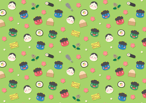 節分のかわいいパターン背景、グリーン 節分のかわいいパターン背景、グリーン 節分,鬼,豆,恵方巻,背景,パターン,シームレス,スウォッチ,節分の日,お多福のイラスト素材