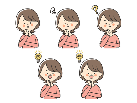 悩みが解決する若い女性のセット 悩みが解決する若い女性のセット ひらめく,ひらめき,アイデア,思いつく,わかる,理解,納得,解決,電球,笑顔のイラスト素材