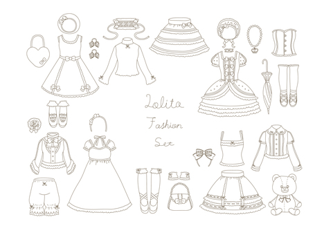 ロリィタセット(線画) ロリィタ,甘ロリ,ゴスロリ,ヘッドドレス,カチューシャ,ヘアゴム,ボンネット,ベレー帽,リボン,コサージュのイラスト素材