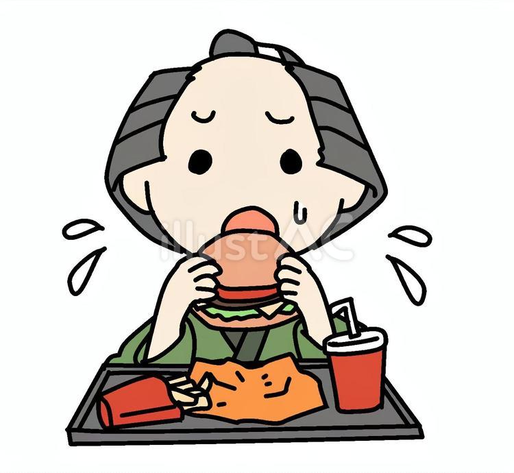 ハンバーガーを焦って食べる町民男性 男性,セット,髷のイラスト素材