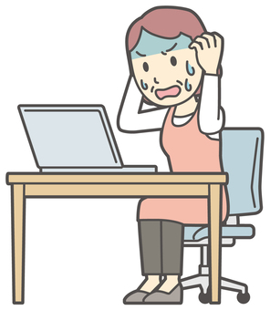  ノートパソコンで慌てているおばさん パソコン,女性,人,人物,主婦,中年,シニア,エプロン,ママ,お母さんのイラスト素材