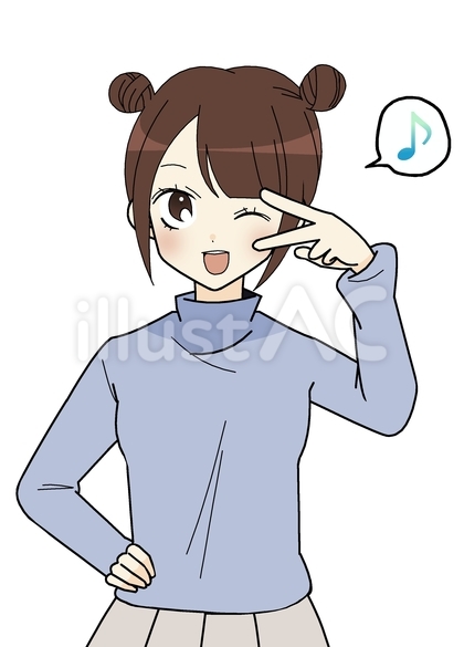 ウインクしてピースするお団子頭の女性
