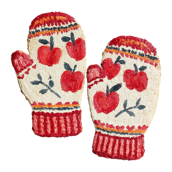 りんご柄の手描きミトンイラスト ミトン,手袋,りんご柄,フルーツ柄,ニット,防寒具,手描き,絵の具風,あったかい,もこもこのイラスト素材