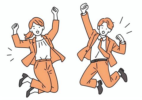 ジャンプして笑顔で喜ぶ社会人女性と男性 ビジネス,女性,男性,男女,成人,若い,会社員,社会人,フレッシュ,新人のイラスト素材