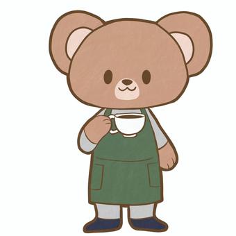 コーヒーとエプロンをしたクマのイラスト クマ,動物,熊,キャラクター,デフォルメ,コーヒー,カフェ,店員,喫茶店,エプロンのイラスト素材