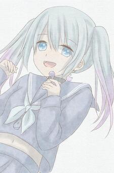 女の子 人物,女の子,キャラクター,水色髪,ツインテール,制服,セーラー服,パステルカラー,かわいい,淡いのイラスト素材