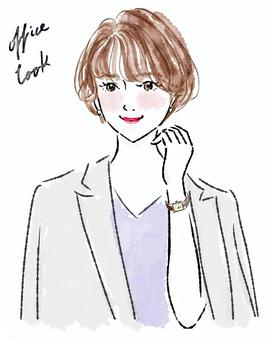 女性　スーツ　ショートヘア　手　腕時計 女性,ジャケット,ショートヘア,笑顔,会社員,スーツ,ビジネス,仕事,腕時計,羽織るのイラスト素材