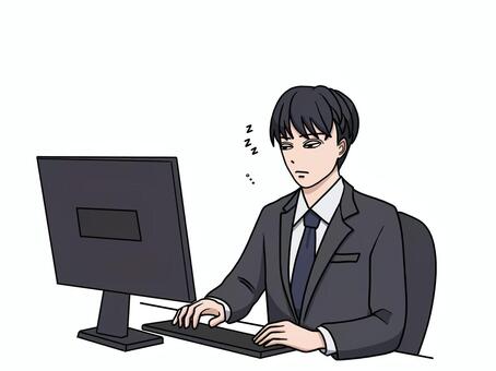 眠気と戦いながらパソコン作業する男性社員 眠気,眠い,パソコン,作業,スーツ,男性,ビジネス,デスクトップ,椅子,だるいのイラスト素材