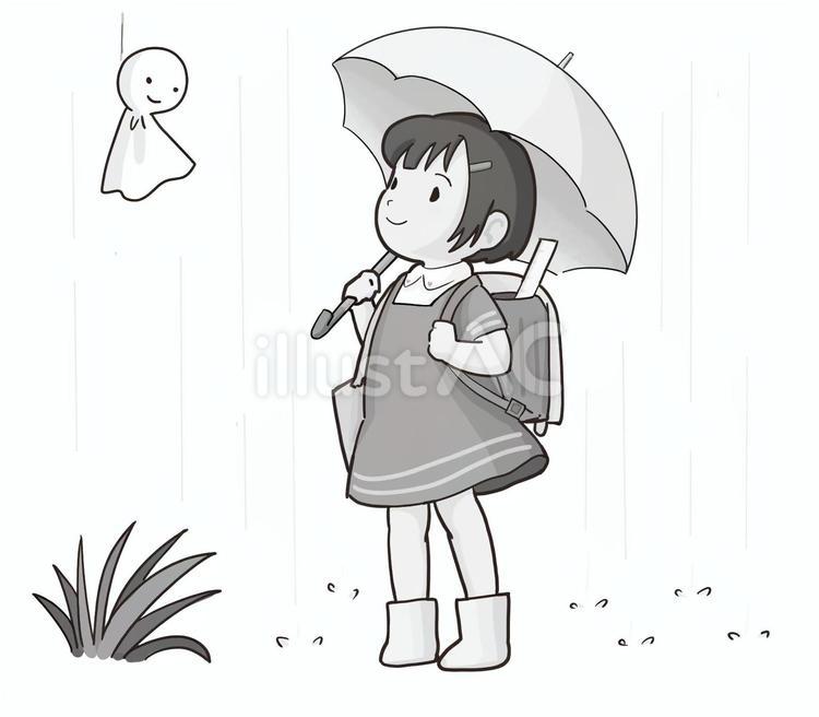 てるてる坊主を眺め傘を持つ小学生 小学生,雨,てるてる坊主のイラスト素材