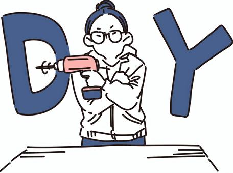 DIYする女性 diy,女性,人物,線画,イラスト,シンプル,手書き,ゆるい,かわいい,顔のイラスト素材