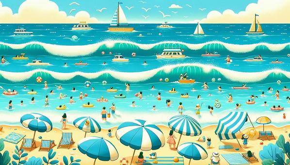 Illustration of summer sea, swimming, and sandy beach, swimming in the sea, summer vacation, vacation, JPG