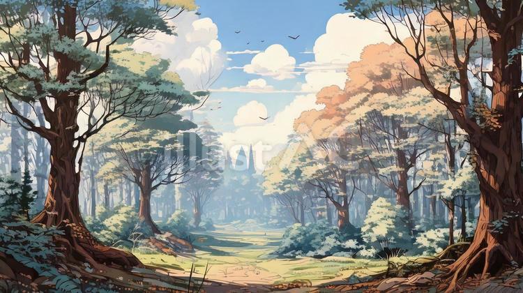 ファンタジーやゲーム風の森の背景イラスト 森,自然,ゲームのイラスト素材