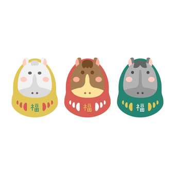 午年の年賀状素材、三頭の馬だるま01