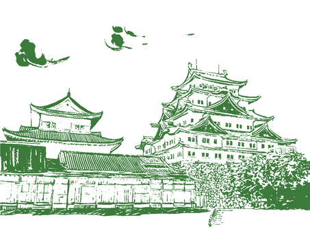 名古屋城 お城,天守閣,石垣,墨絵,版画,ベクター,透過,手描き,素材,名古屋城のイラスト素材