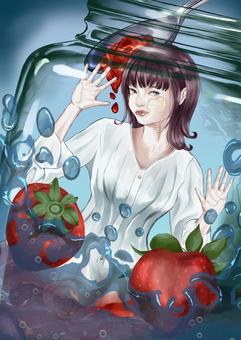 女性イラスト 女性,イチゴ,ジャム,スプーン,ガラス瓶のイラスト素材