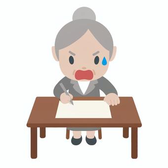 焦り何かを書く年配のOL ol,年配,焦り,緊張,慌てる,記入,メモ,筆記,仕事,オフィスのイラスト素材