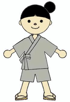 甚平を着てる女の子(灰色ver.) 甚平,灰色,ねずみ色,女の子,お祭り,夏祭り,縁日,小学生,子供,館内着のイラスト素材