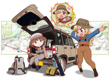 渓流へ釣りに行こう。 釣りガール,渓流釣り,渓流,釣り,アマゴ,渓流魚,釣り具,suv,軽自動車のイラスト素材