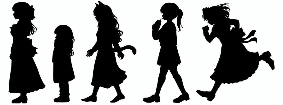 女の子の全身立ち絵シルエットセット15 セット,女の子,シルエット,少女,女性,立ち絵,trpg,全身,横顔,人物のイラスト素材