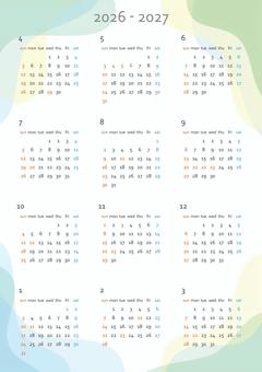2026年度カレンダー-縦 カレンダー,2026年,2026,2027年,2027,12か月,年度,年度カレンダー,1月始まり,令和8年のイラスト素材