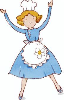 店舗スタッフ 女性,エプロン,花,水彩,線画,笑顔,メイドのイラスト素材