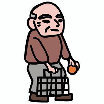 買い物カゴを片手にみかんを持つ年配男性 男性,おじいちゃん,シニア,高齢者,人物,全身,立つ,カゴ,買い物かご,みかんのイラスト素材