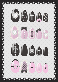 地雷系ネイルセット 地雷系ネイルセット 地雷系,ネイル,セット,付け爪,ビジュー,クロス,編み上げ,リボン,スタッズ,黒のイラスト素材