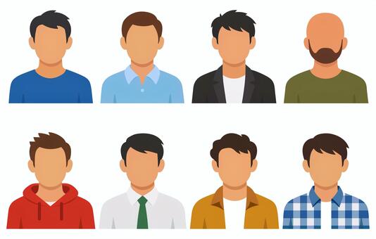 30代男性の髪型・服装アバター8種セット 男性,アバター,会社員,アイコン,髪型,バリエーション,人物,顔,30代,上半身のイラスト素材