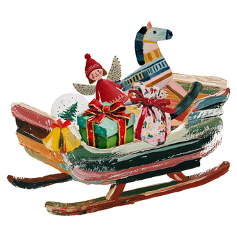 クリスマスのソリとプレゼント クリスマス,ソリ,プレゼント,木馬,おもちゃ,人形,厚塗り,油絵風,アート,かわいいのイラスト素材