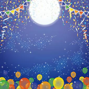 紙吹雪66 紙吹雪,リボン,風船,旗,月,星,夜空,満月,背景,飾りのイラスト素材